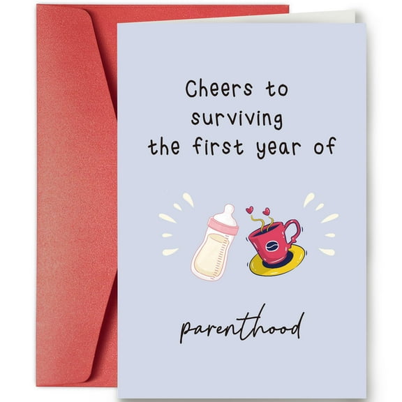 Cheers to Surviving Parenthood Card – Celebratory Card for New Parents – Blank Inside with Envelope – Perfect for First Year Milestones