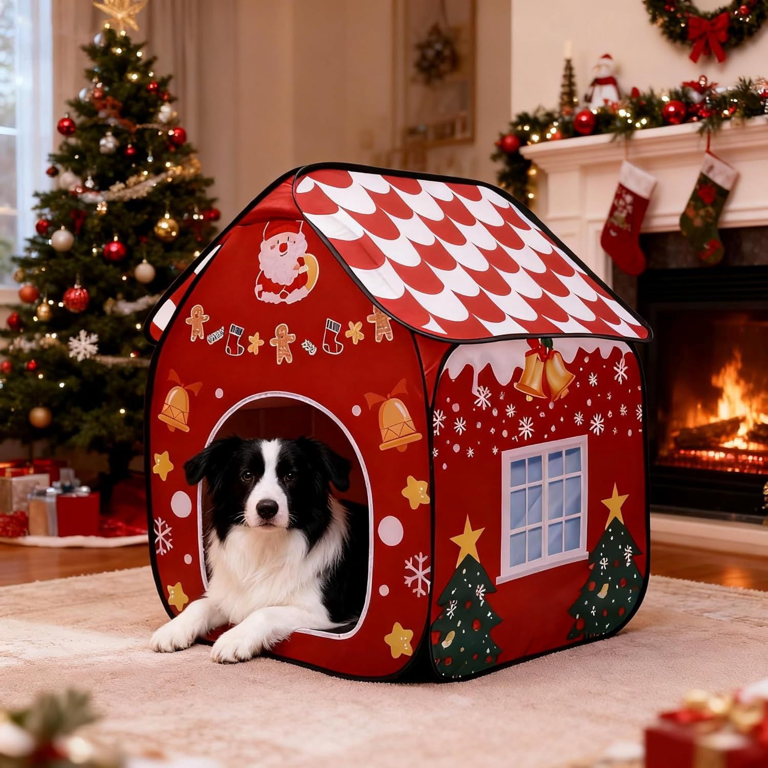 Foldable Indoor Dog House with Christmas Design, Portable Pet Shelter for Dogs, Ideal for Living Room & Bedroom Holiday Decor