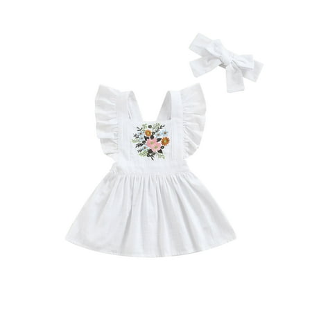 

Canrulo Summer Princess Baby Girls Embroidery Floral Ruffle Backless A-Line Dress +Headband 2pcs Set White 9-12 Months