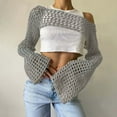 thumbnail image 2 of DHFJKG Womens Crochet Crop Top Swimsuit Cover Up Boat Neck Solid Color Sexy Hollow Out Knit Long Sleeve Cover Ups Soft Beachwear, 2 of 5