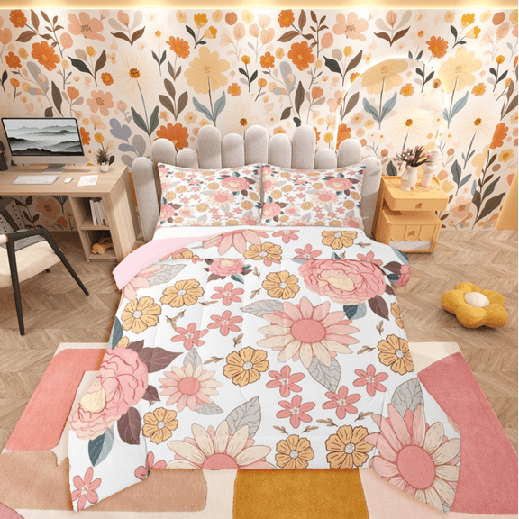 Homewish Chic Pink Flowers 2pcs Bedding Comforter Set For Teens Female Girls,Spring Garden Twin Comforter Sets,Exotic Style Breathable Bedding Set,Lightweight Room Decor,Reversible