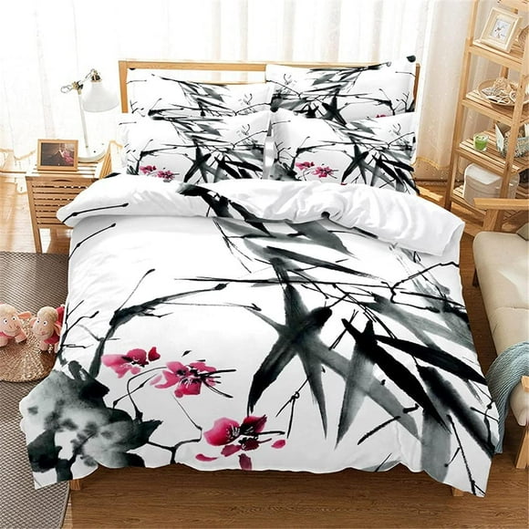 LAICAIW Duvet Cover Twin Size Black Ink Bamboo Leaves ,Beding Set 3 Pieces-Fluffy Light Weight Microfiber Quilt Cover with Zipper 68x90 inches with 2 Pillow Shams