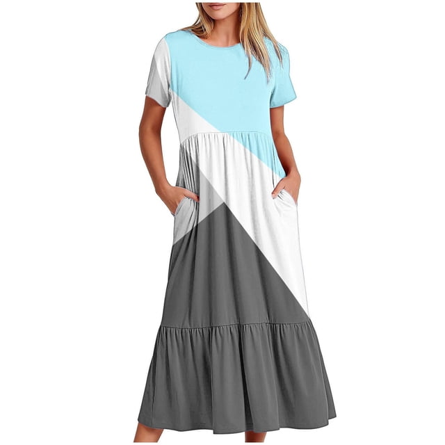 Meichang Robes pour Femmes Été à Blocs de Couleur Robes à Volants Coupe Ample Manches Courtes Robes Midi Décontractées Col Rond Robes Confortables pour le Travail