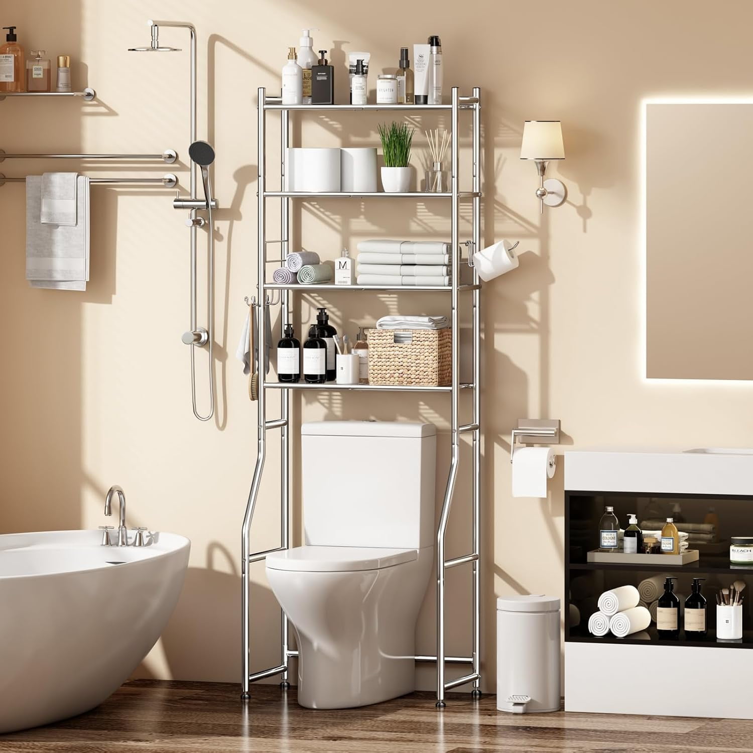 Over The Toilet Storage Cabinet Metal 4 Tier Bathroom Shelves Organizer with Hooks and Paper Holder Chrome Finish