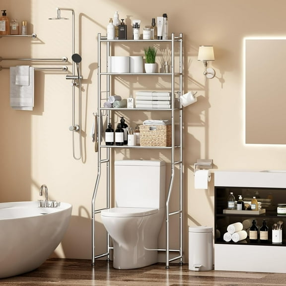 4-Tier Over The Toilet ,  Bathroom Storage Organizer with Hooks and Space Saver
