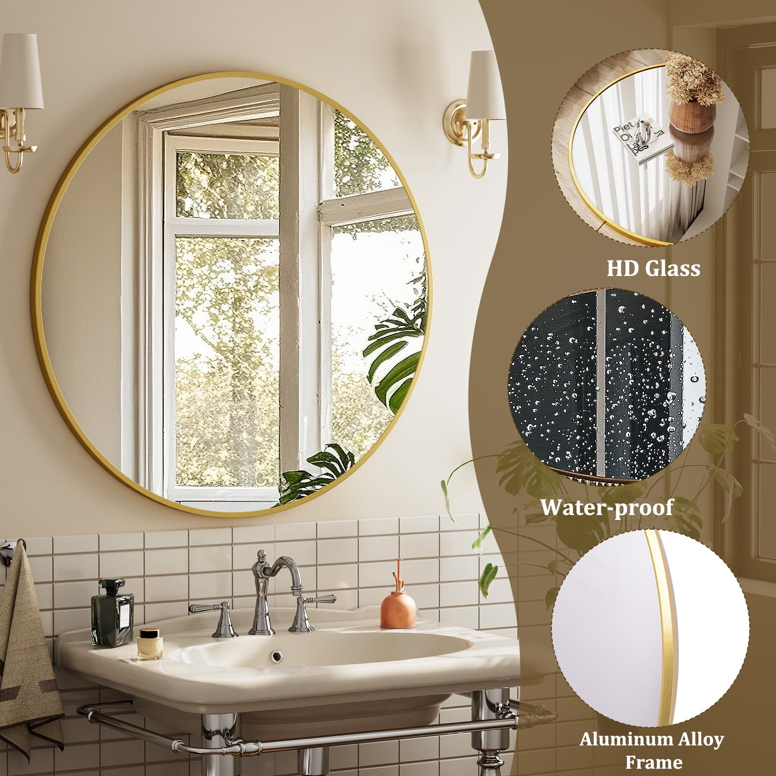 VORENTA 42" Bathroom Mirror Round Wall Mirror Vanity Mirror with Metal Frame, Gold