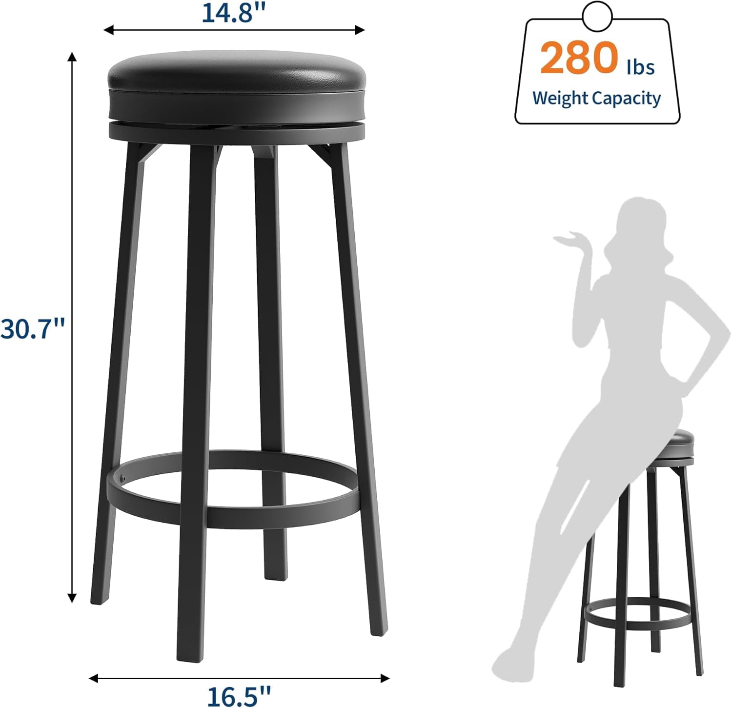 30'' Swivel Bar Stools Set of 4, Modern Backless Counter Height Barstools with Footrest, PU Leather Upholstered Seat, Metal Frame, Black