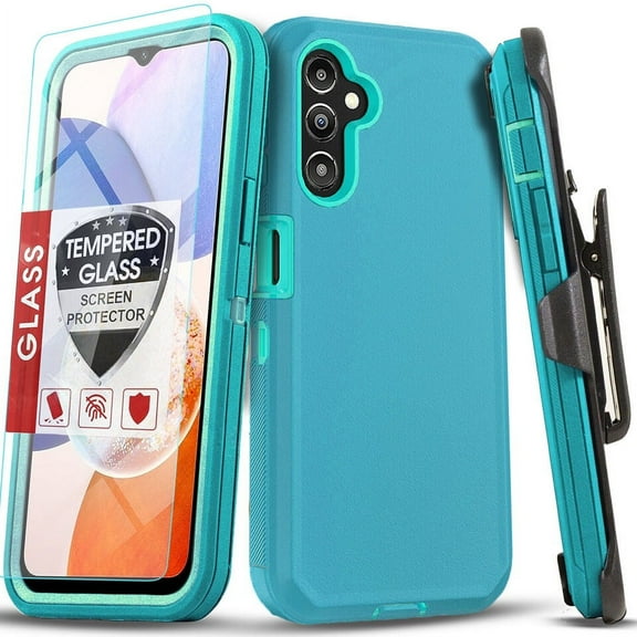 Starshop Galaxy A14 5G case, With Tempered Glass Protector, Shockproof Protection Rugged Hybrid Drop Belt Clip Cover Teal