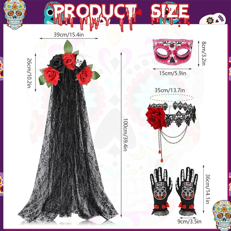 Day Of The Dead Halloween Floral Skull Headband Veil & Stockings Costume Set Amazon.com: Suhine Day of the Dead Women Costume Set Include  main image 2