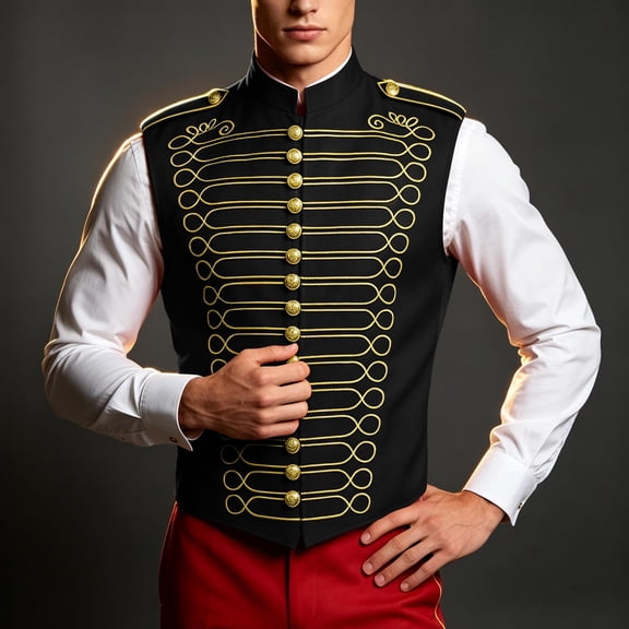 Men's Military Drummer Boy Vest Marching Band Jacket Sleeveless Hussar Waistcoat Nutcracker Ringmaster Cosplay Costume for Halloween Party Performance