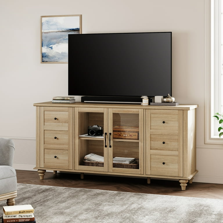 WAMPAT Glass Door Farmhouse TV Stand for TVs Up to 75 inch Wood