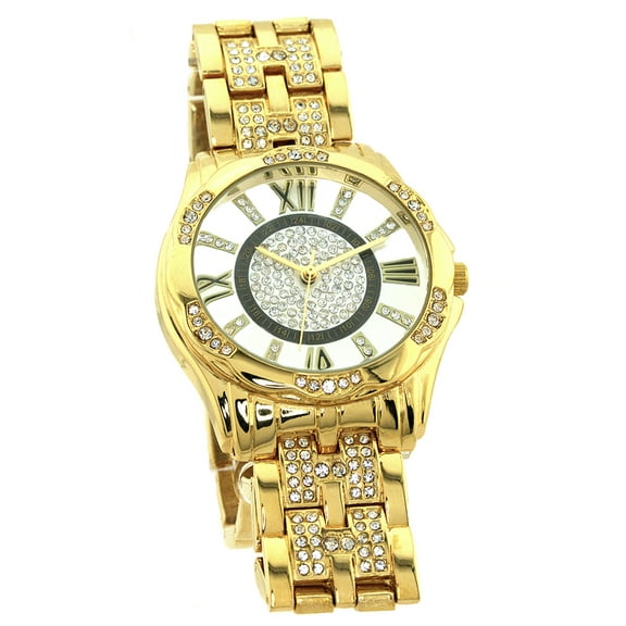 Ladies/Teen Gold-Tone CZ Classic Clubbing Watch – 40mm Case, White Dial, Gold CZ Bezel