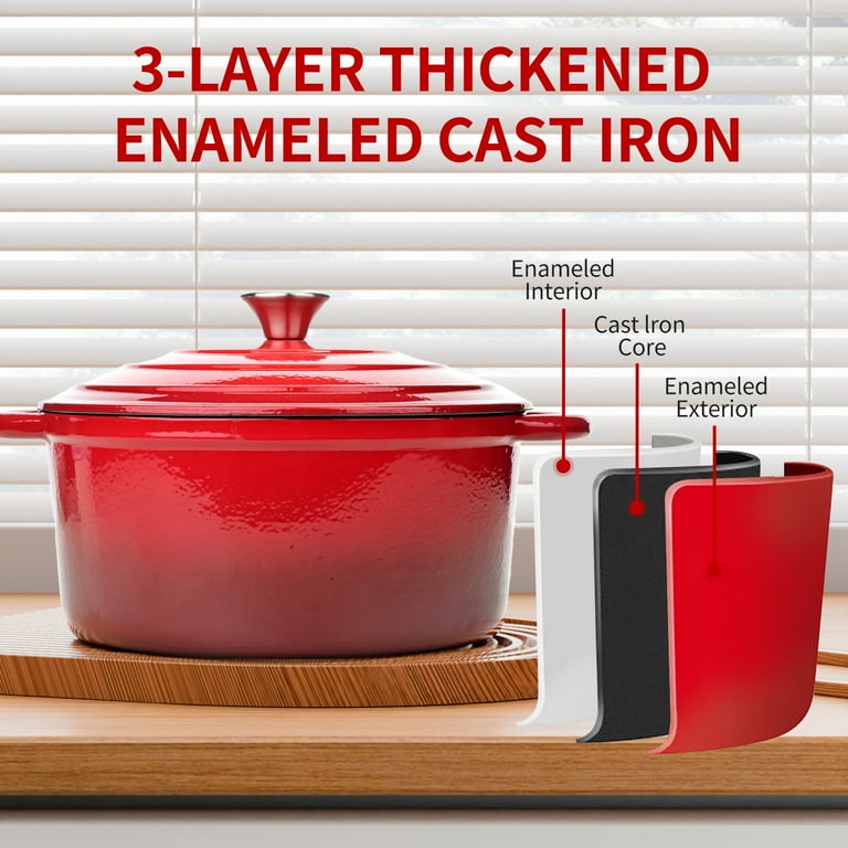 TINANA Enameled Cast Iron Dutch Oven, 5.5QT Pot, Red, Heavy-Duty