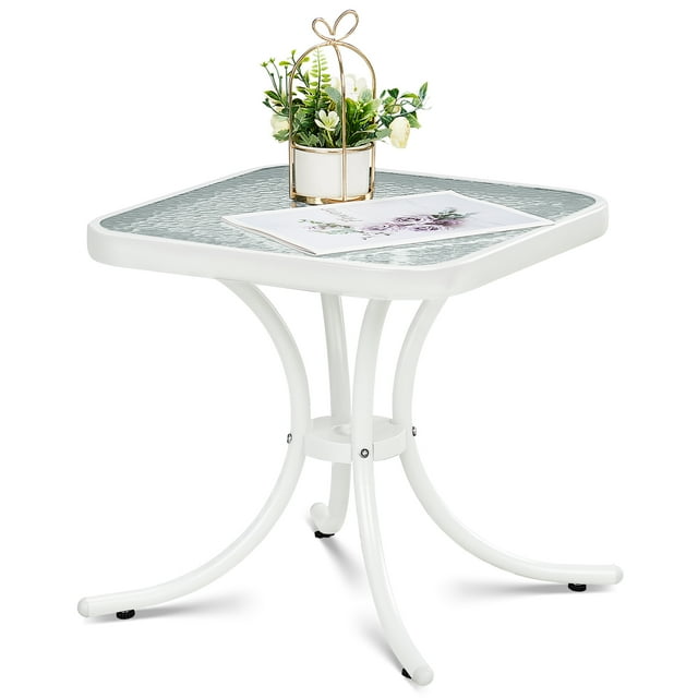Ktaxon 18" Square Outdoor Side Table with Tempered Glass Top, Ripple-patterned Courtyard Glass Table, White