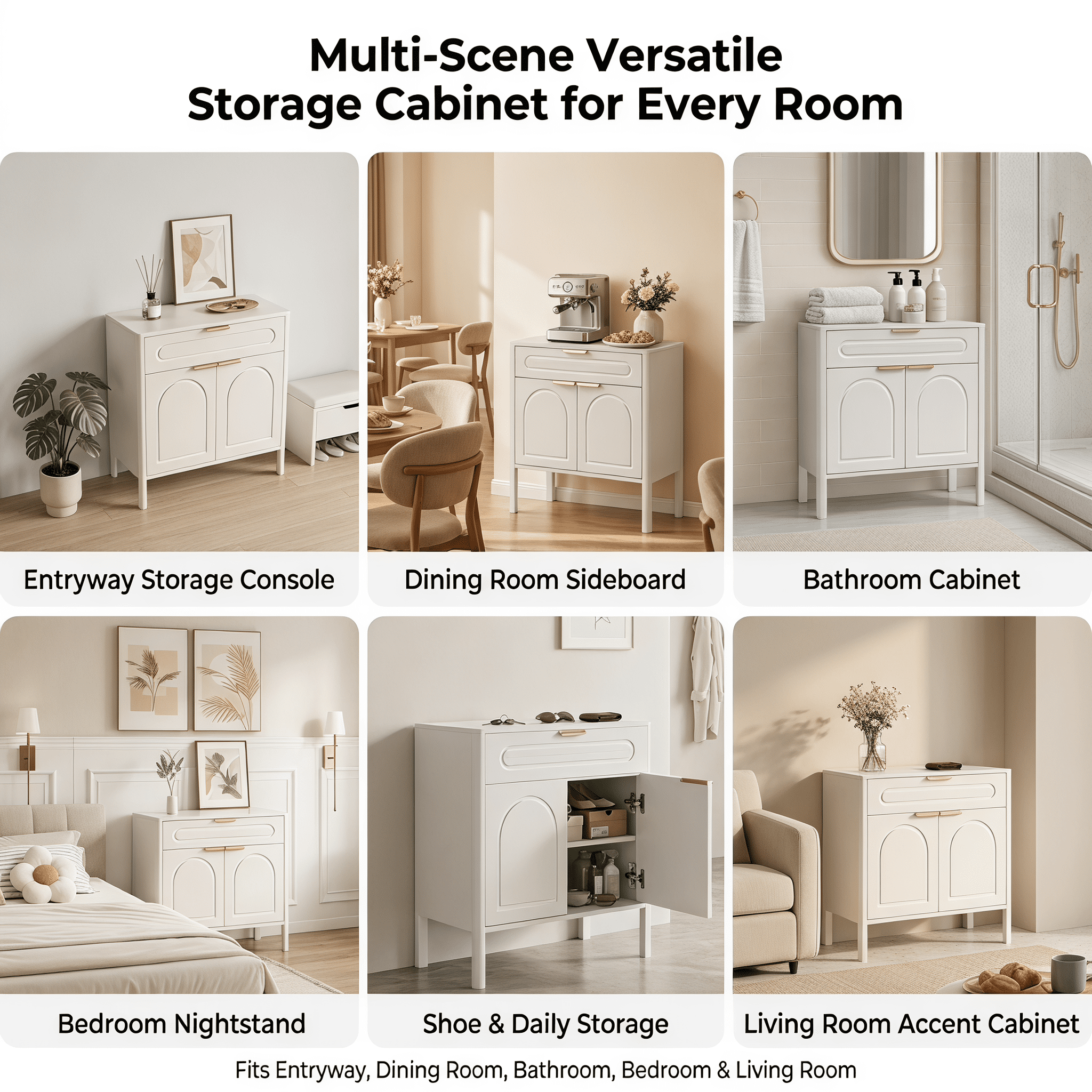 GARITIN Arched Accent Storage Cabinet 29.5 Inch, Freestanding Sideboard Buffet with Drawer and Gold Metal Handles for Entryway Living Room, White