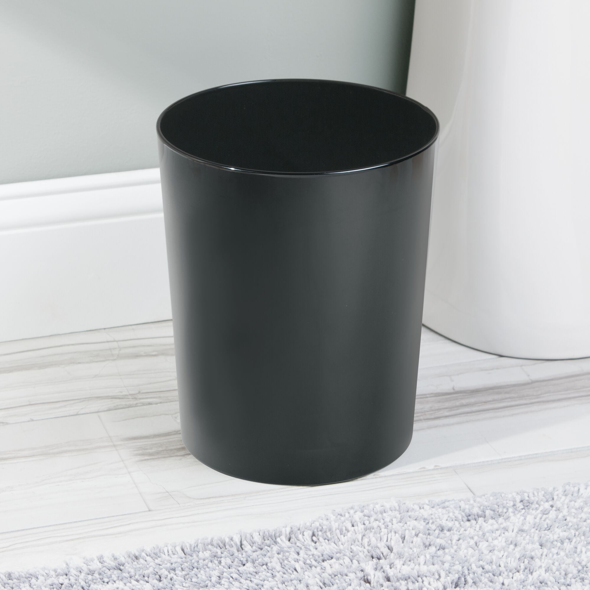 mDesign 2 Piece Plastic Bathroom Set, Bowl Brush and Trash Can - Black