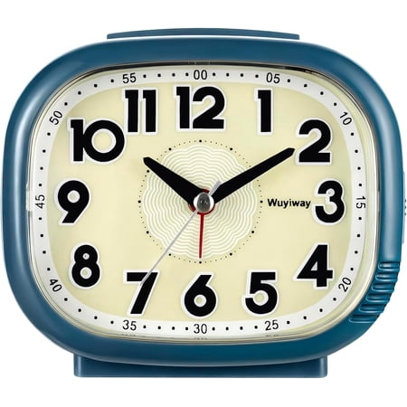 Vintage Retro Analog Alarm Clock, Battery Operated, Silent No Ticking, Glow in Dark Dial, Lighted on Demand and Snooze, Blue, 4.7 x 3.9 2.7
