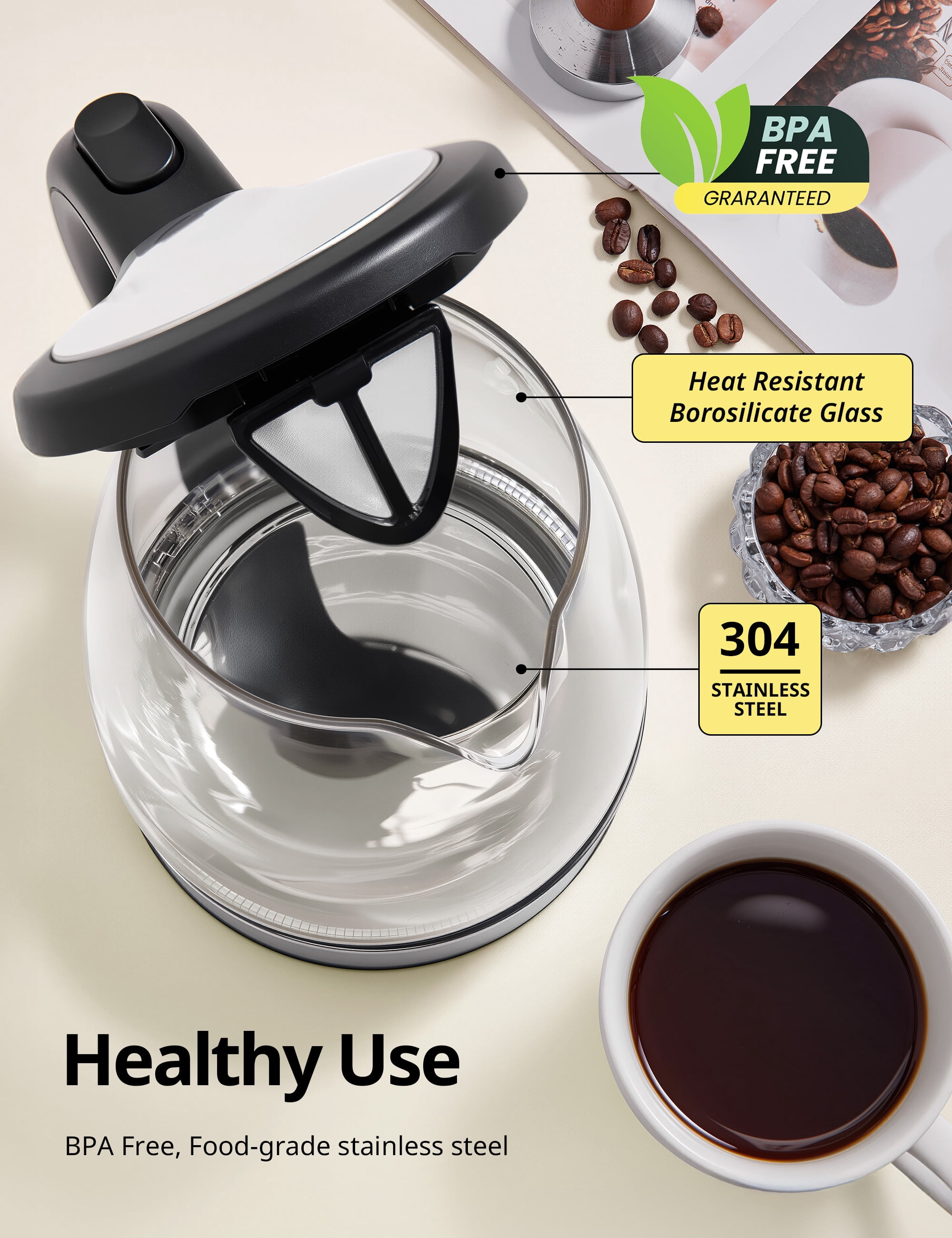 Comfee 1.7L Glass Electric Kettle with Auto Shut Off & Temperature Control