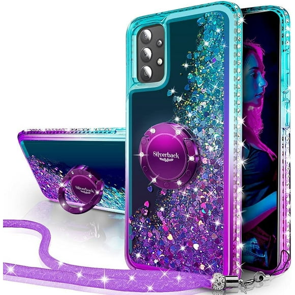 Silverback pour Samsung Galaxy A53 5G Cas avec Anneau Kickstand Lanière, Mouvante Glitter Liquide Sparkle Holographique, Filles