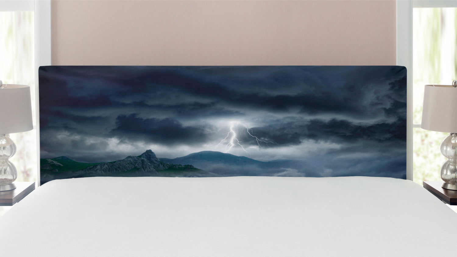 Nature Headboard, Dark Stormy Sky over Mountains Like Fictional