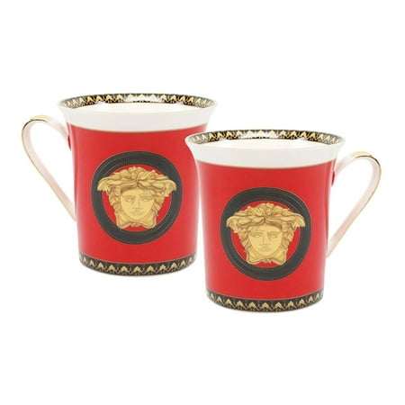 Porcelain Coffee Set - Royalty Porcelain 2-pc Mug Set Medusa for Tea or Coffee, Premium Bone China (Red)
