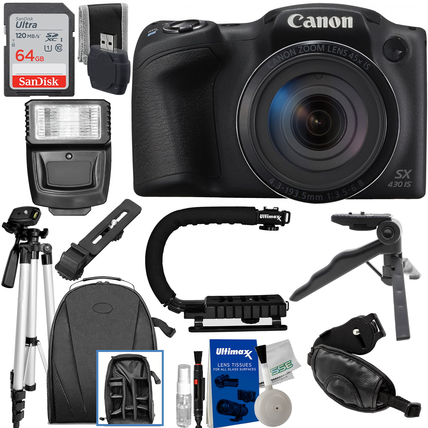 Canon PowerShot SX430 IS 20 MP Digital Camera (Black) with Essential  Accessory Bundle: SanDisk Ultra 64GB SDXC, Water Resistant Backpack,  Lightweight