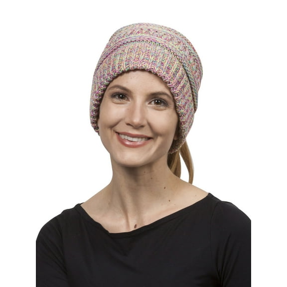 Gravity Threads 4 Tone Pony Tail Knit Beanie, Yellow/Hot Pink/Turquoise