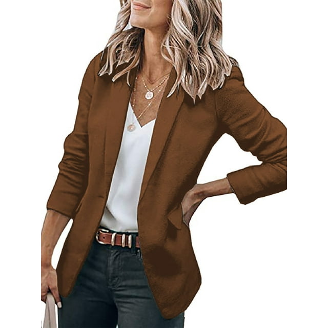 Innerwin Blazers Solid Color Women Cardigan Jacket Work Shawl Neck Slim Fit Business Jackets Brown 4XL