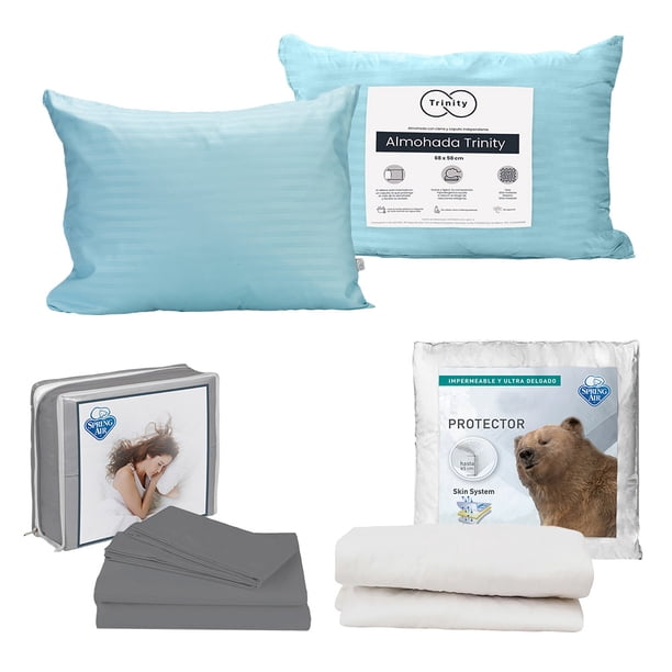 Protector de Colchón Individual + Juego de Sábanas Grey + Almohada Trinity