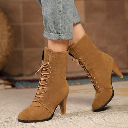 

Juebong Christmas Deals Women s Fleece Vintage Suede Wine Glass Heel High Heel Front Lace-Up Booties 6.5 Brown