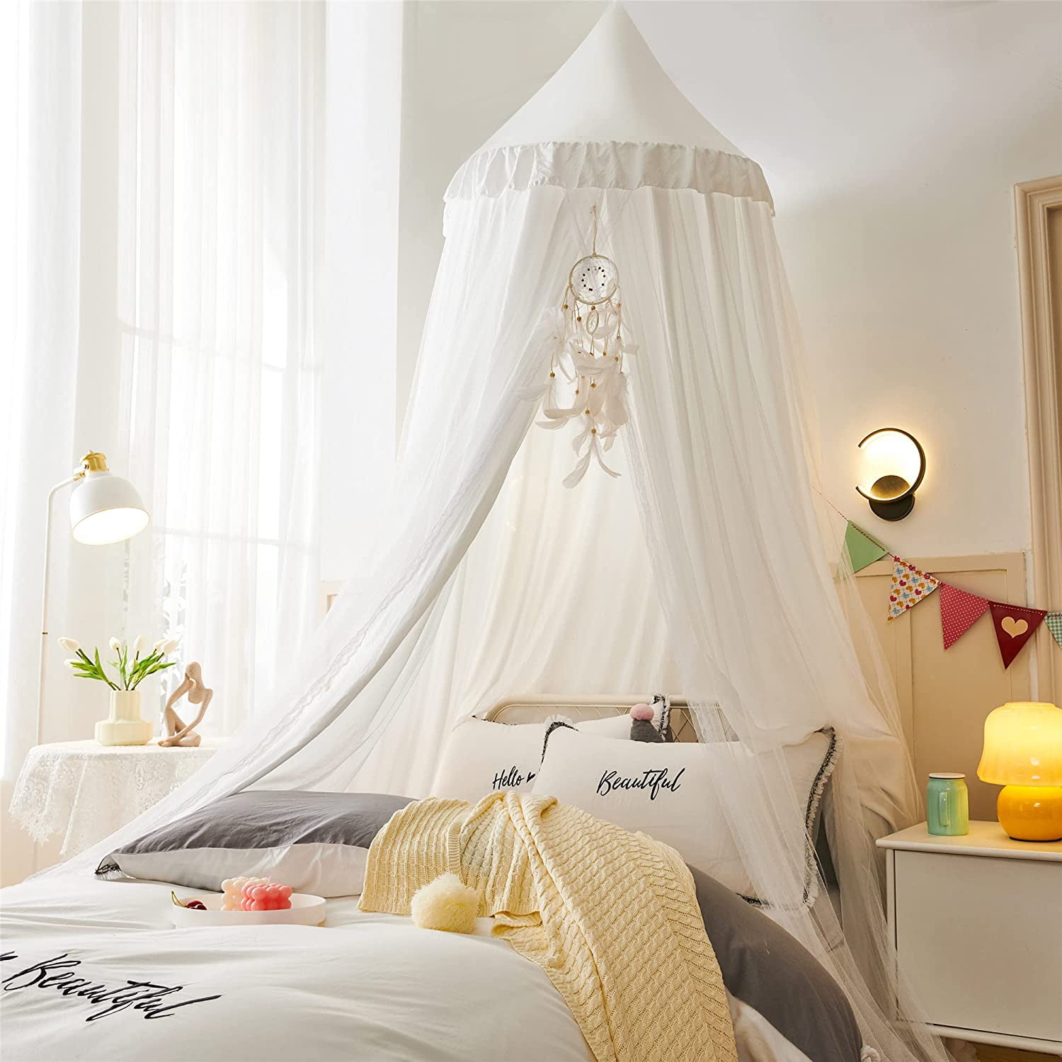 Bed Canopy for with Lights,Double Layer Princess Round Dome Dreamy Mosquito Net Bedding Girls Room Castle Play Tent Hanging House Decor Reading Nook Canopies(Beige Pink/White)