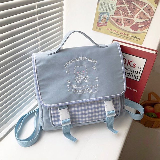 Mochila de hombro Kawaii para mujer, morral escolar con estampado de oso, a cuadros, estudiantes japoneses JKAzulAustralia Fivean unisex