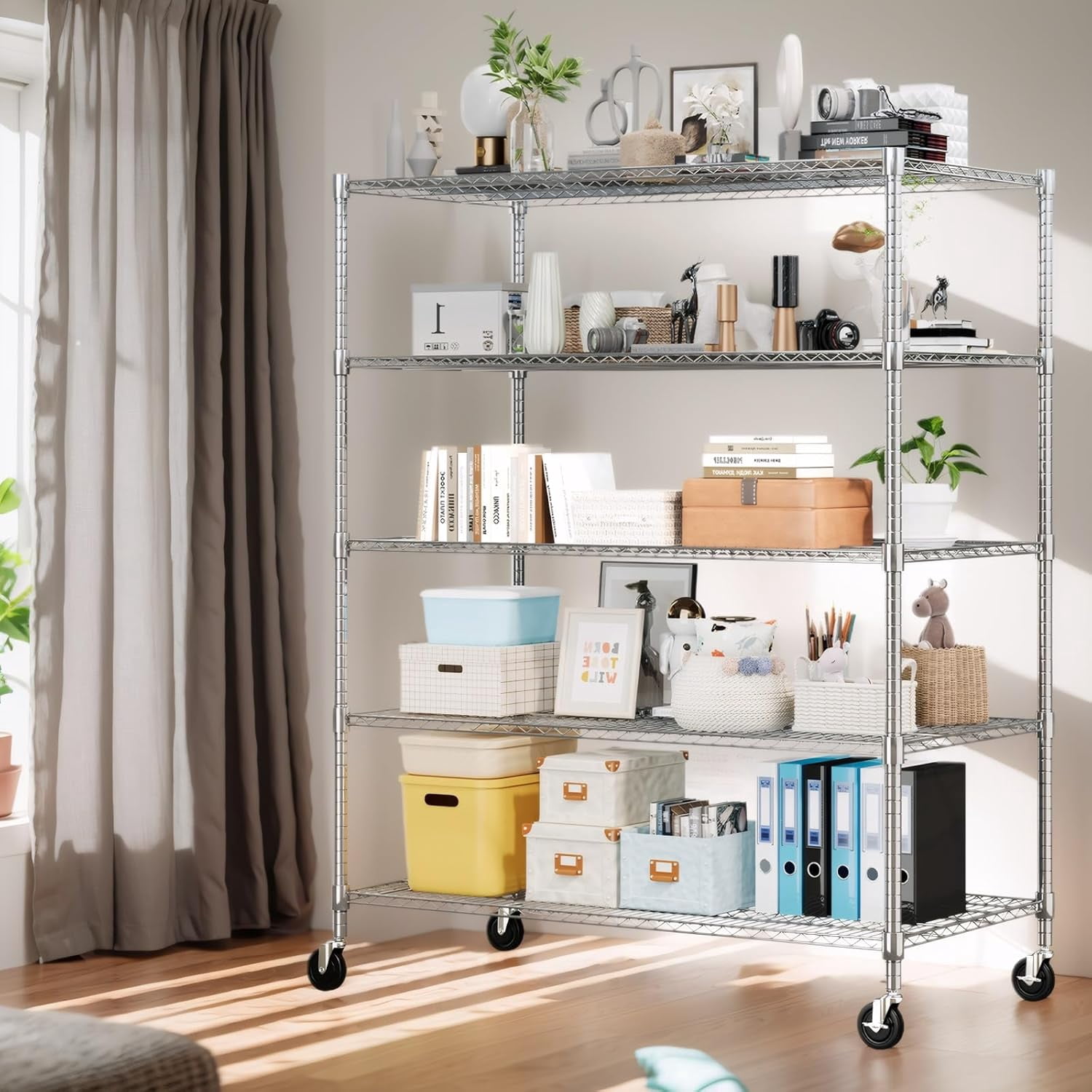 Sailvan 5-Tier Heavy Duty Wire Shelving Unit with Wheels, 48"W x 24"D x 82"H Metal Storage Rack, 750LBS Capacity（using wheels） 3250LBS Capacity, Adjustable Garage Shelves,Silver