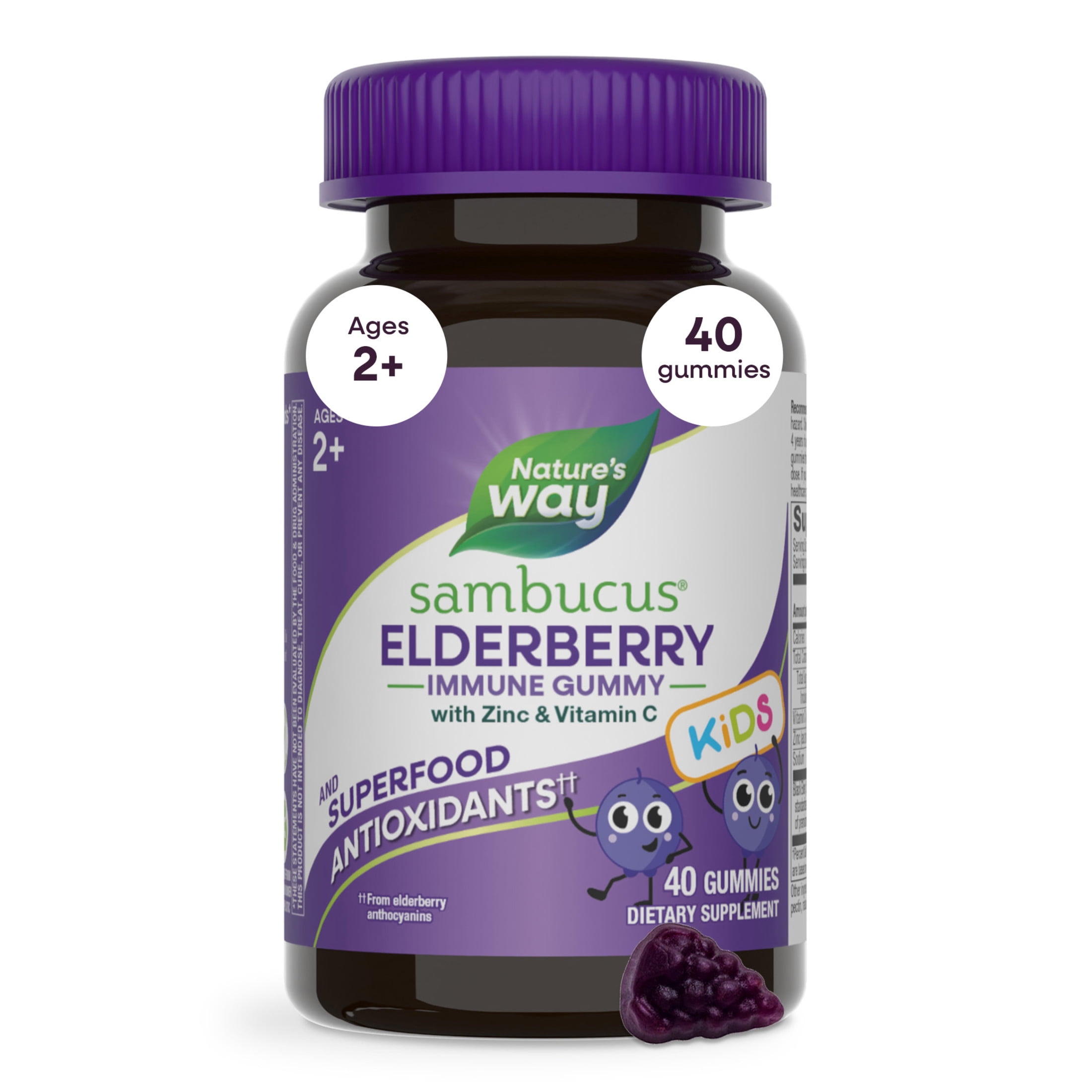 Nature's Way Sambucus Immune Gummies for Kids, with Elderberry Extract, Vitamin C and Zinc, 40 Count