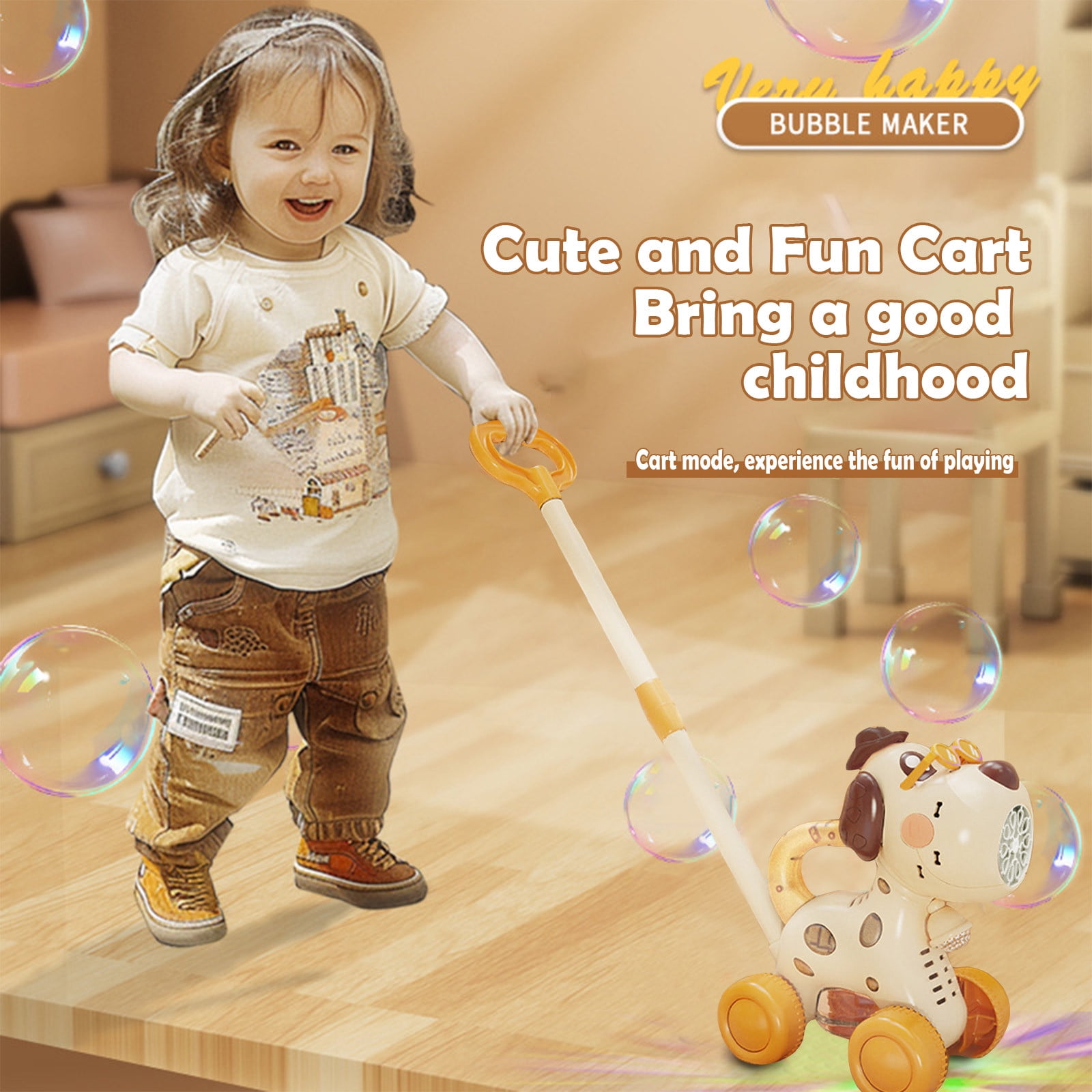 Dog Push Bubble Machine, Automatic Bubble Blower with Music and Colorful Bubble Effects, Portable Outdoor Bubble Maker with Handle Rod and 90ml Bubble Solution