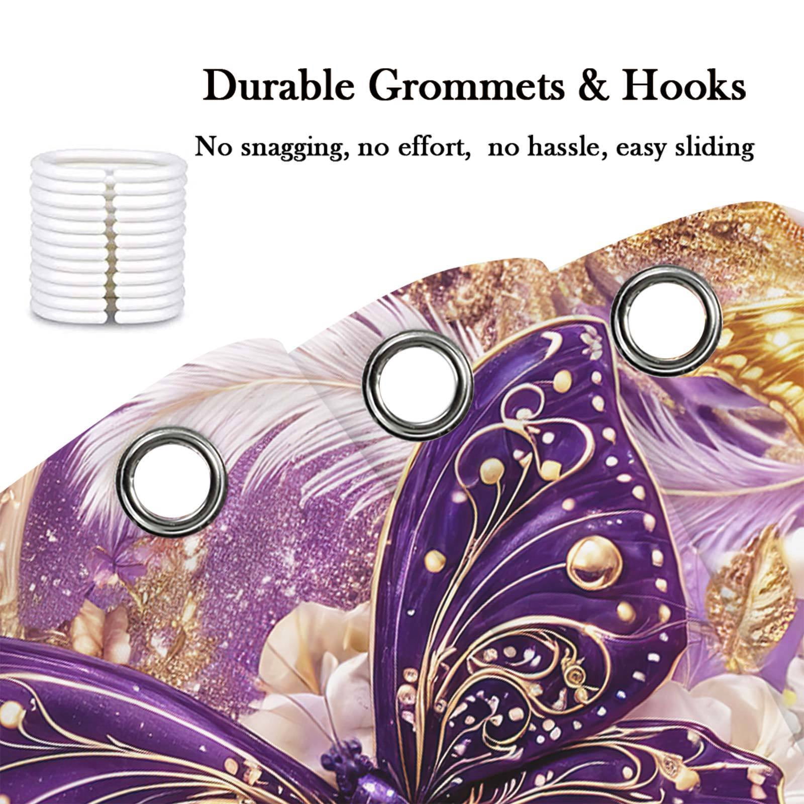 Luxury Purple and Gold Butterfly Floral Shower Curtain, Elegant Marble Rose Modern Texture Shower Curtains for Bathroom Decor, Elegant Golden Fluid Aesthetic Bath Curtain Set with Hooks,70X70IN