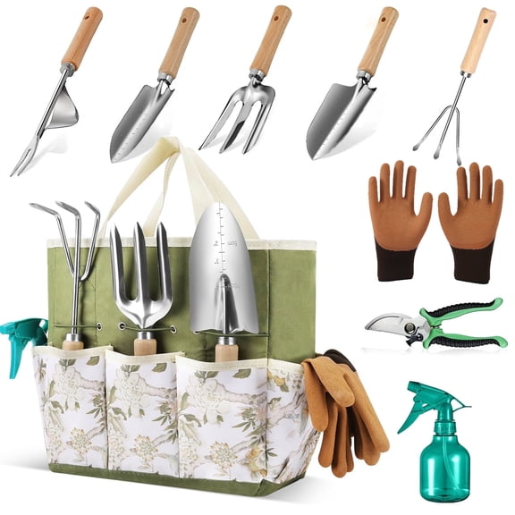 Kisportee Garden Tool Set, 9 Piece Heavy Duty Stainless Steel Gardening Tools with Fashion Garden Tools Organizer Handbag, Ideal Gardening Mother Gifts for Women