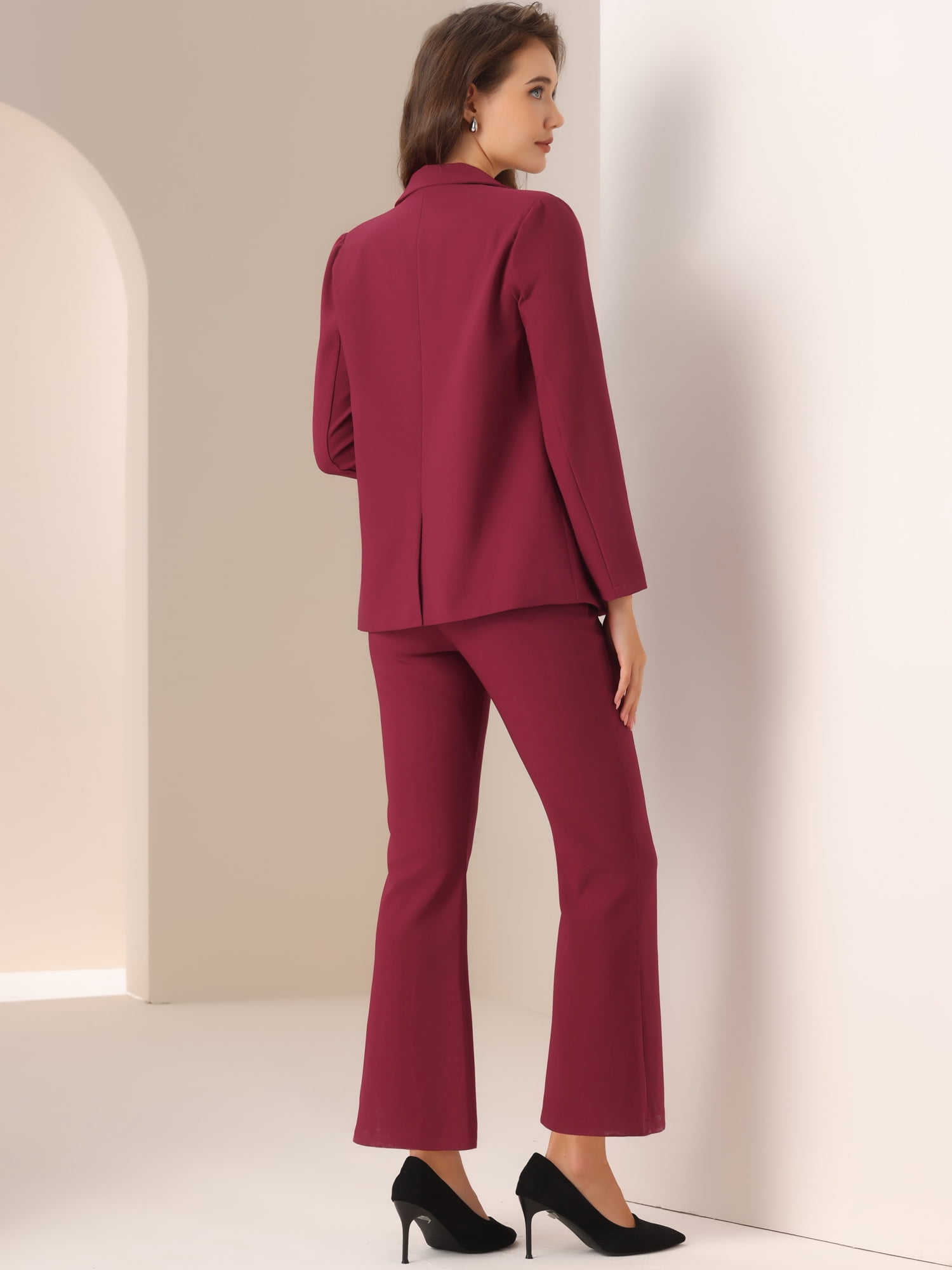 DARING DIVA Women's 2 Pcs Notched Lapel Blazer Work Suit Set XS Burgundy