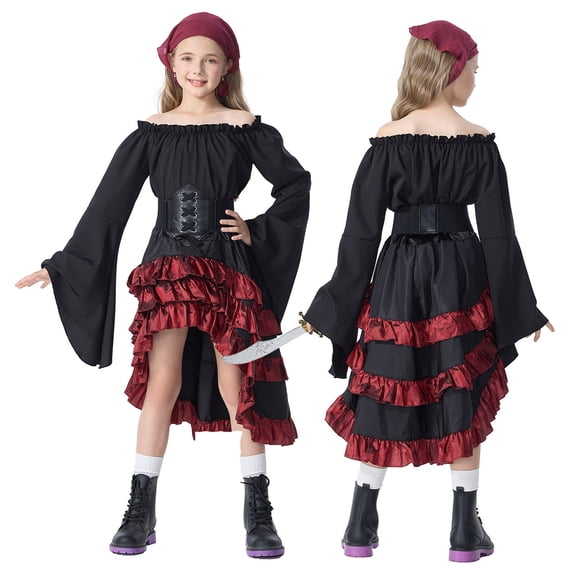 Girls Pirate Style Dress with Ruffle Trim and Corset Belt for Halloween Party Dress Up Clothes Themed Party Role Play Pretend Play
