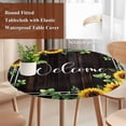 thumbnail image 4 of Yellow Sunflowers Round Tablecloth, Fitted Table Cover with Elastic for 36"-44" Round Tables, Botanical Eucalyptus Leaf Wooden Grain Table Cloth Outdoor Indoor Dinning Party Waterproof Tablecloths, 4 of 7