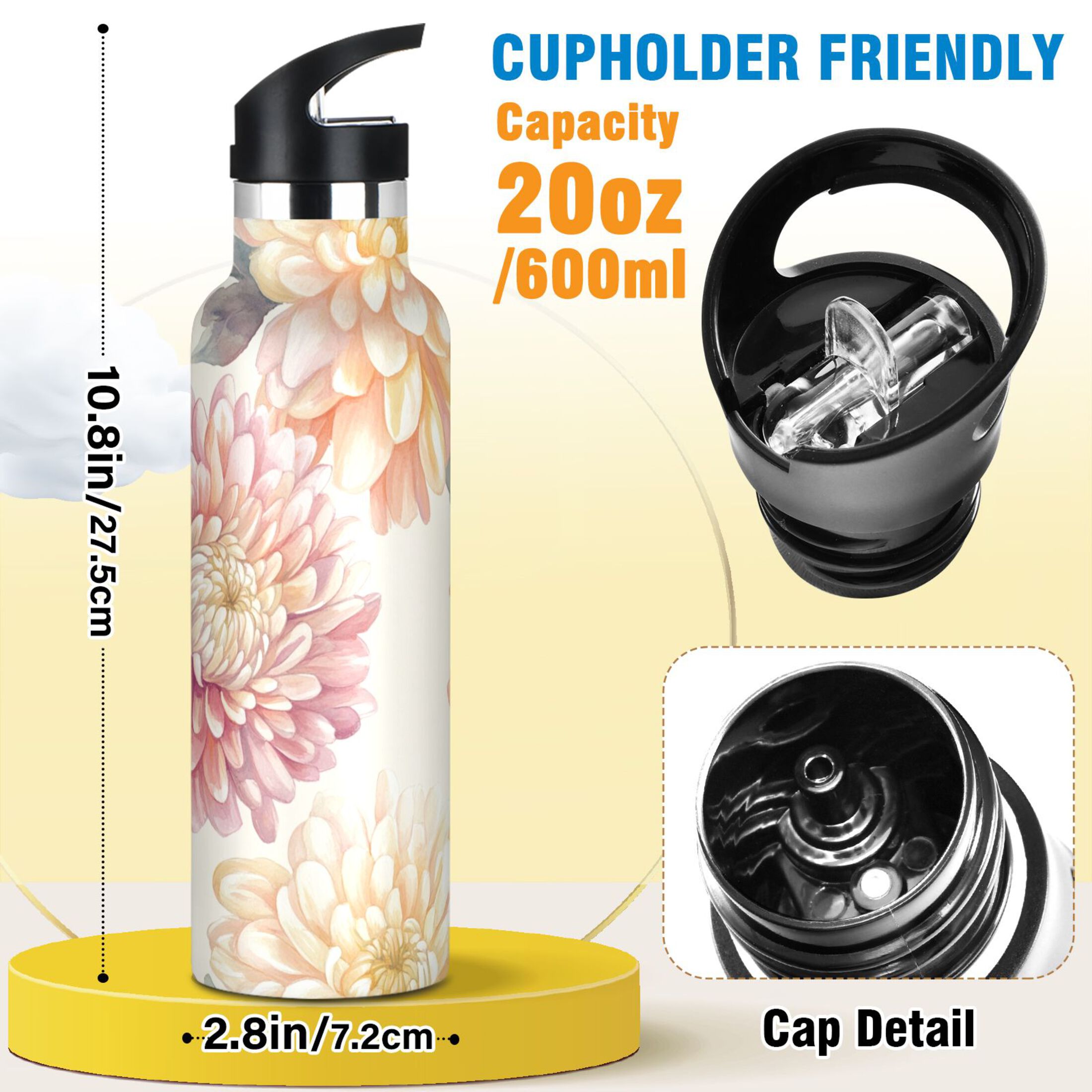 600ML Stainless Steel Insulated Cup Sports Water Bottle Portable Thermos Cup Water Glasses Insulated Tumblers Convenient and Durable Chrysanthemums Brown