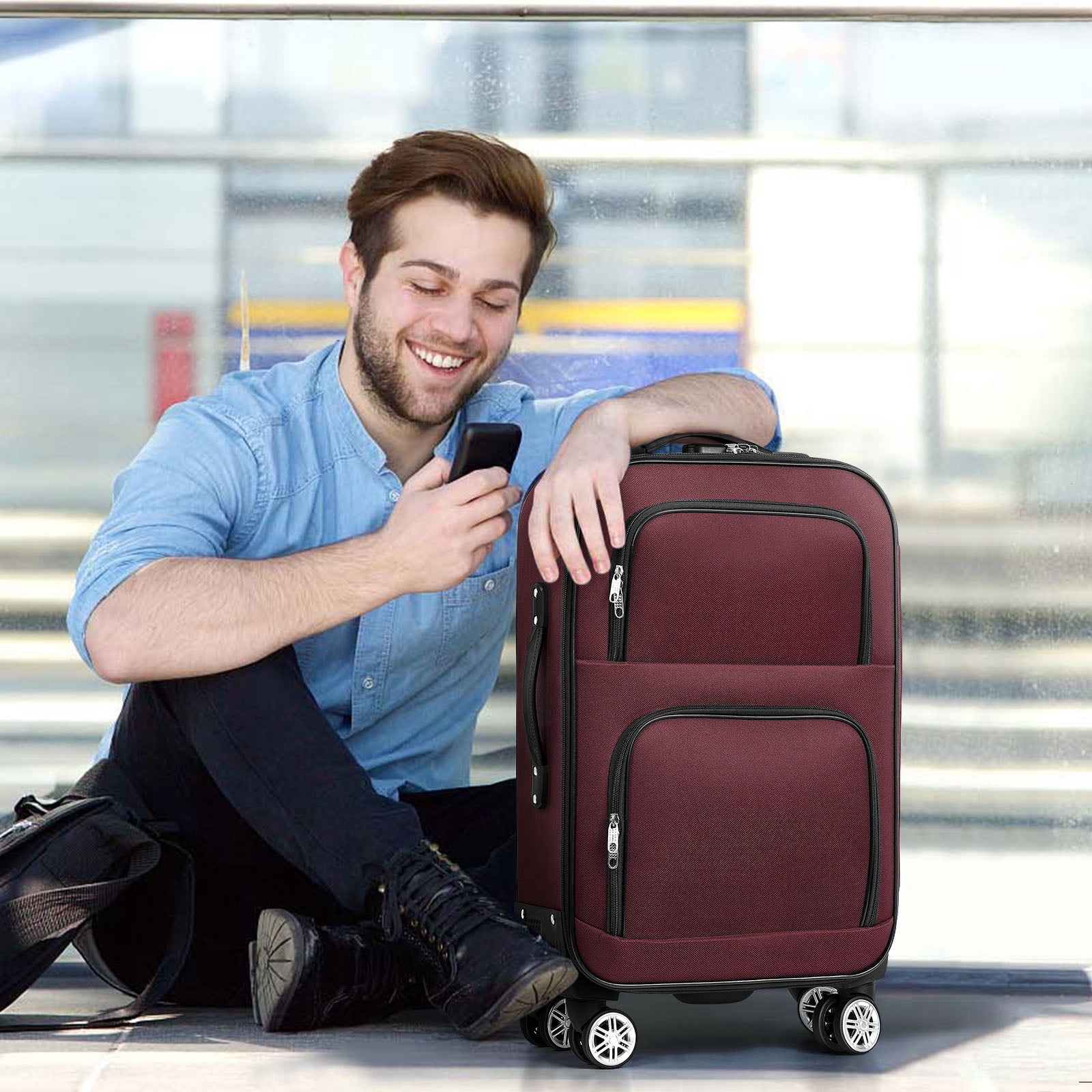 Soft-sided Fabric Luggage Roller Luggage Lightweight 20" Red