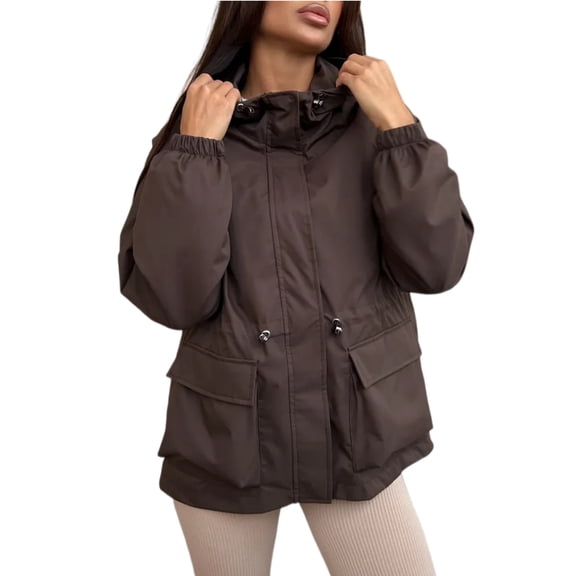 Women's Waterproof Rain Jacket, Hooded Drawstring Long Sleeve Loose Windbreaker Coat
