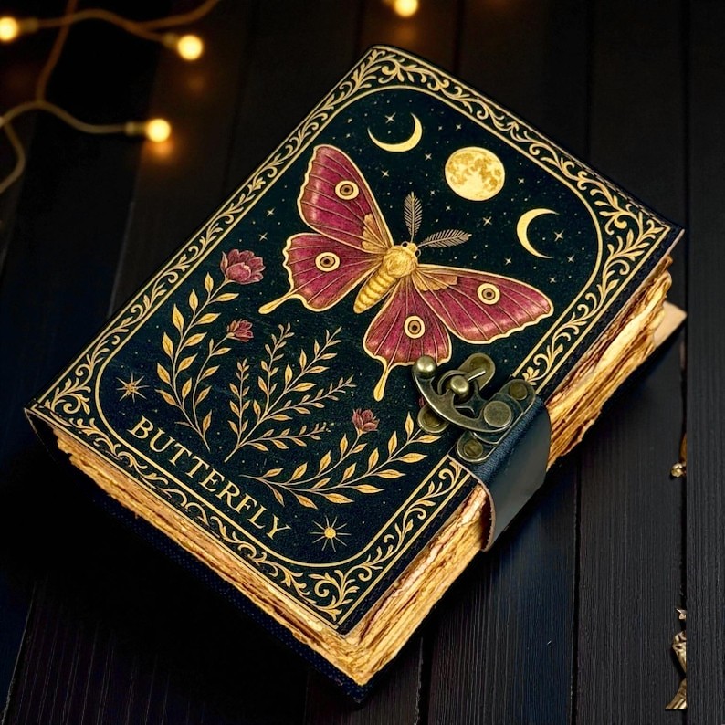 Handmade Leather Butterfly Journal, 5x7” Vintage Notebook with 200 Handmade Pages & Antique Clasp – Boho Writing Diary & Gift