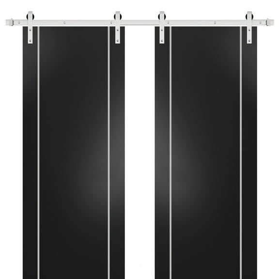 Sturdy Double Barn Door 36 x 80 inches with | Planum 0410 Matte Black with Frosted Glass | Stainless Steel 13FT Rail Hangers Heavy Set | Solid Panel Interior Doors