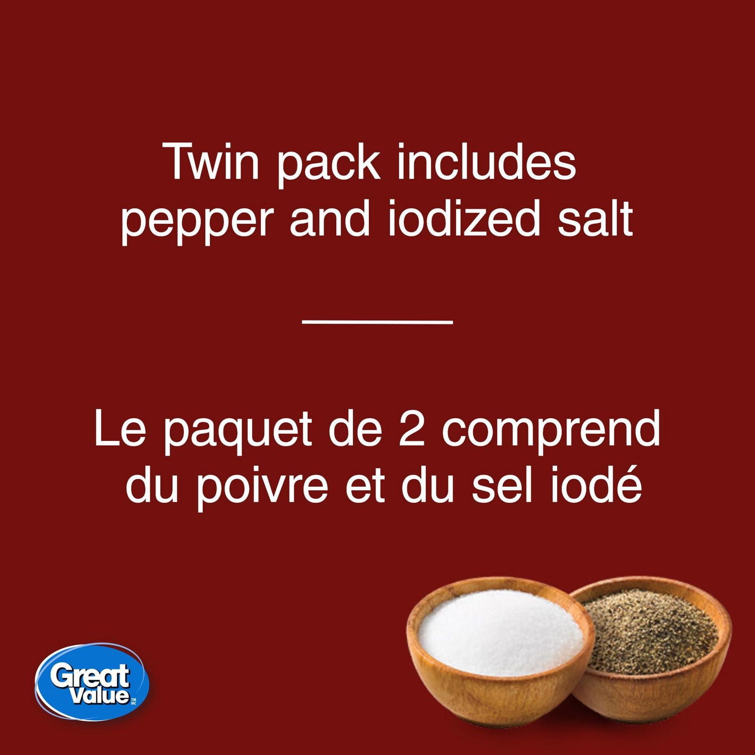 Great Value Iodized Salt and Pepper, 35 g Black pepper, 113 g Iodized salt