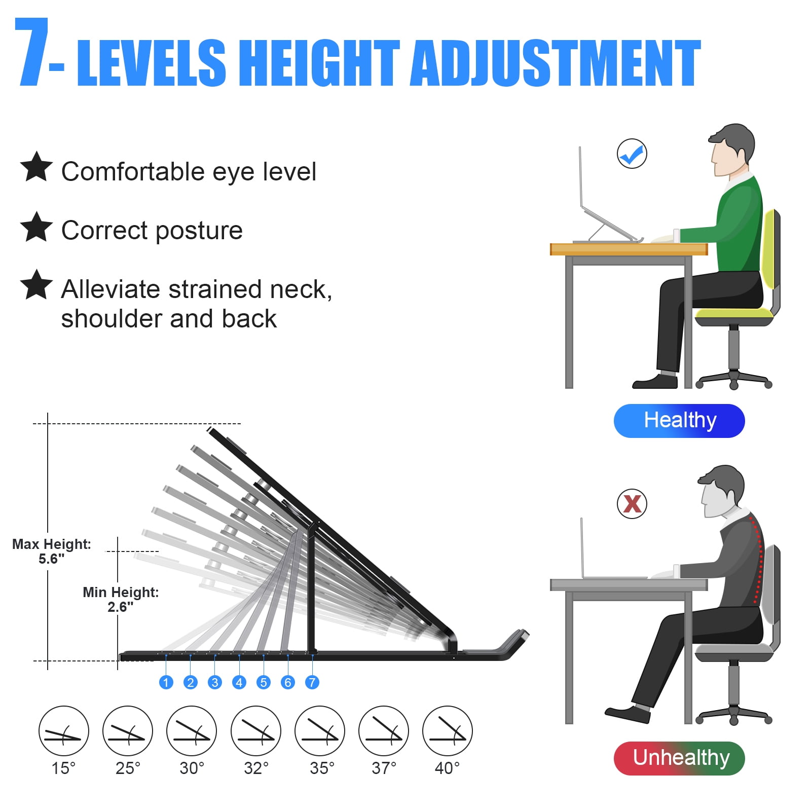 FIASON 1 Pack Black Adjustable Laptop Stand,Compatible with 9-17" Laptop,7-Levels Ventilated Aluminum Laptop Holder for Desk,Ergonomic Universal Computer Stand with aluminum, metal and Rubber