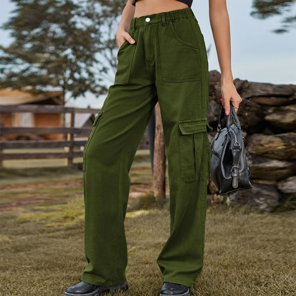 qolati Women's Cargo Jean Pants Y2k Elastic High Waist Baggy Jeans Lounge Trousers Casual Flap Pocket Loose Boyfriend Denim Pant