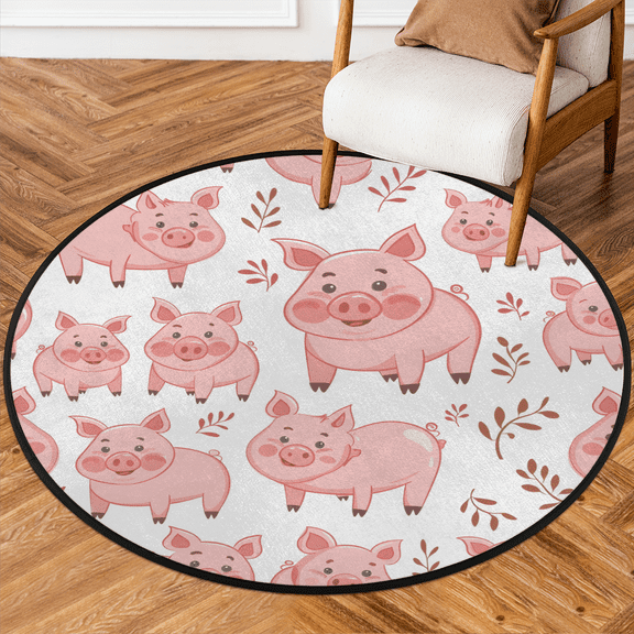 CURLYOOT Round Rug 3ft Cute Cartoon Pigs Area Rug, Washable Circle Mat Non Slip Floor Carpet Mat, Soft Indoor Rugs for Entryway Living Room Dining Room Bedroom