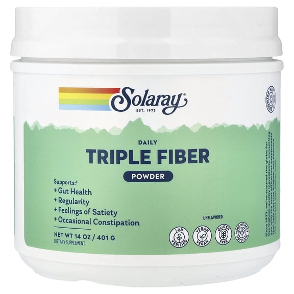 SOLARAY Daily Triple Fiber Powder - Unflavored Fiber Supplement for Gut Health, Regularity, Satiety, Occasional Constipation, and Digestive Health Support - Vegan, Gluten Free - 30 Servings, 14 OZ